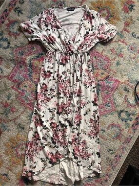 Maternity Floral Wrap Midi Dress - White with Pink Roses